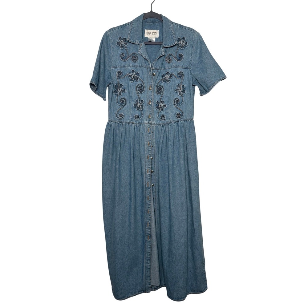 Vintage 90s Denim Long Button up dress Floral Embroidery Short Sleeve 8 - Picture 1 of 4